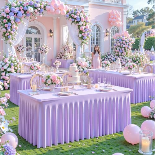 2 Pack Purple Table Cloth for 8 Foot Rectangle Tables Spandex Fitted Tablecloth 8ft Stretch Table Covers Skirt Purple Banquet Tablecloths Wrinkle Free Tablecloth for Party Wedding Birthday Event - Image 2
