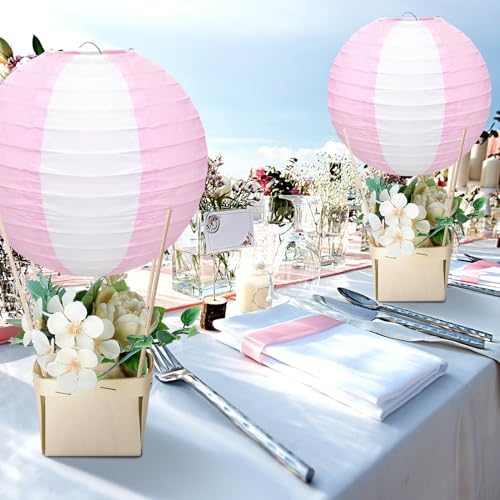 Rossesay 12 Sets Hot Air Balloon Decorations DIY Paper Lanterns Baby Shower Table Centerpieces Wooden Basket with Sticks for Gender Reveal, First Birthday Party, Wedding, Graduation(Pink) - Image 6