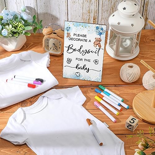 Handepo 26 Pcs Baby Shower Games DIY Bodysuit Set 1 Wooden Sign 15 White Bodysuits 10 Fabric Markers for Birth Decorating Kit(Bear) - Image 4