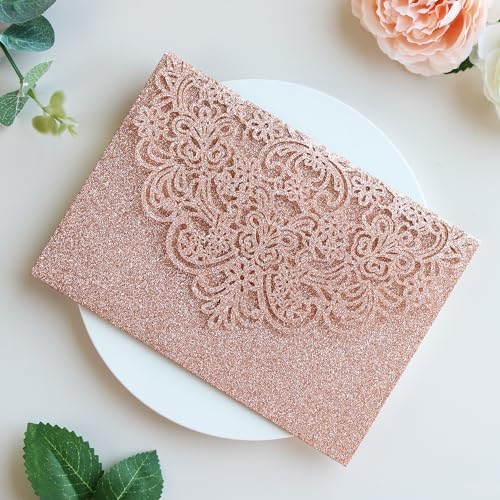 Hosmsua 50PCS Personalized Rose Gold Glitter Laser Cut Flora Invitation Pocket, 5.12 x 7.2 Wedding Invitation Pockets with Envelopes for Wedding Bridal Shower Engagement Quinceanera Invite - Image 5