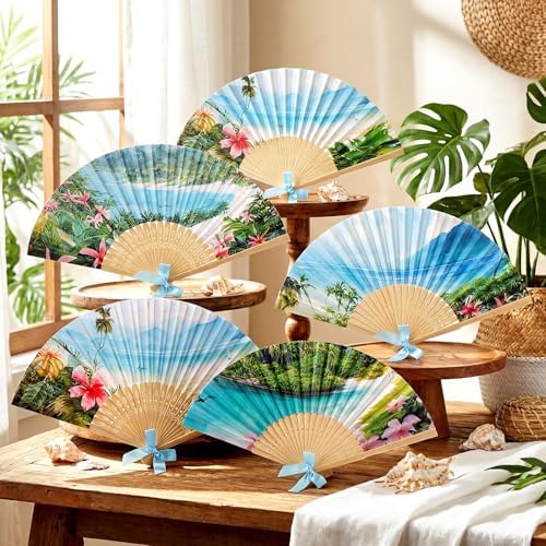 Roowest 36 Pcs Summer Tropical Folding Hand Fan Bulk Ocean Beach Lagoon Party Paper Fan with Blue Bow Palm Tree Landscape Handheld Fans for Luau Birthday Bridal Wedding Tea Party Hawaiian Decor - Image 5