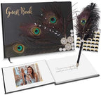 Vijiv Personalized Wedding Guest Book for Wedding Reception Signs, Bridal Baby Shower, Peacock Feather Hardcover Guestbook for Table Decoration Engagement Birthday Party Event, Photo Corners and Pen by VIJIV