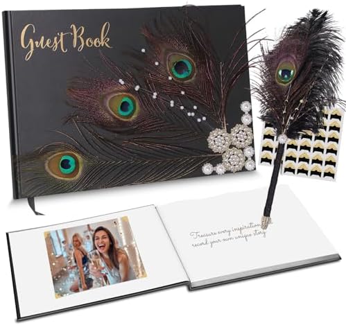 Vijiv Personalized Wedding Guest Book for Wedding Reception Signs, Bridal Baby Shower, Peacock Feather Hardcover Guestbook for Table Decoration Engagement Birthday Party Event, Photo Corners and Pen by VIJIV