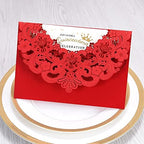 DORIS HOME 50pcs Red Personalized Laser Cut Flora Lace Invitation Cards - Image 7