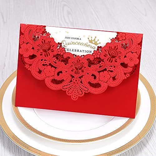 DORIS HOME 50pcs Red Personalized Laser Cut Flora Lace Invitation Cards - Image 7