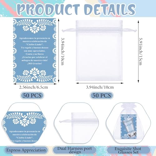 SiliFine 50 Sets Cielito Lindo Baby Shower Favors Shot Glasses for Guests Bulk 1.5oz Recuerdos Para Boda Wedding Shot Glass Thank You Card Bag for Guest Talavera Bridal Baby Shower(Blue) - Image 6
