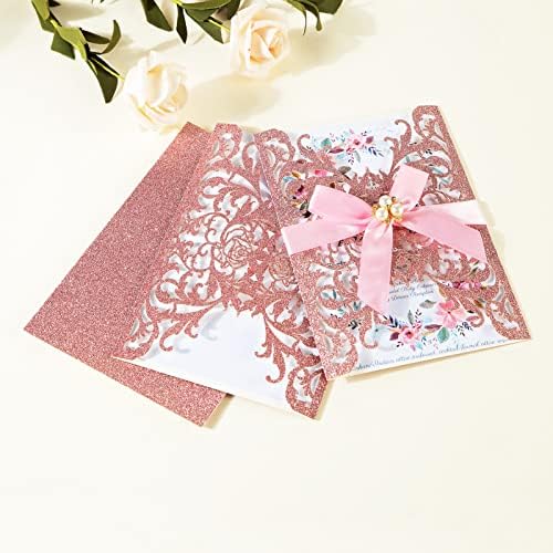 Glitter Laser Cut Wedding Invitations With Envelopes And Rsvp Cards Blank Inner Sheet Pink Gold Wedding Invitation Personalized 25Pcs For Engagement Quinceanera Bridal Baby Shower Birthday - Image 6