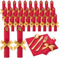 30 Set Christmas Red Pre Rolled Napkins with Rose, Gold Cutlery by Lanties