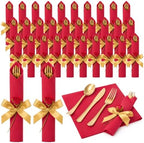 30 Set Christmas Red Pre Rolled Napkins with Rose, Gold Cutlery by Lanties