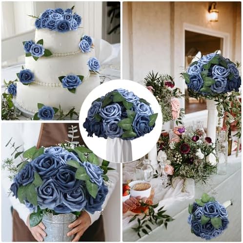 100 Pcs Artificial Rose Flowers, Dusty Blue Shades - Image 6