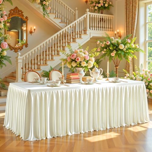 Ivory Satin Tablecloths Rectangle 8FT, Glitter Fitted Stretch Table Covers Wrinkle-Free Floor Length Shimmer Table Skirt for Weddings Parties Baby Shower Banquets Vendor Events - Image 3