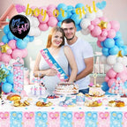 170 PCs Baby Boxes Gender Reveal Decorations, Hombae Boy or Girl Gender Reveal Decorations What Will Baby Be Backdrop Balloon Garland Banner Tablecloth Cake Cupcake Topper Cutout Poster Sash Pink Blue - Image 5