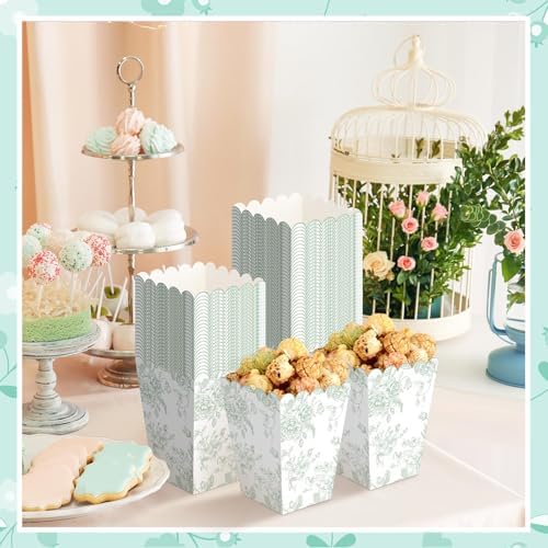 Gueevin 100 Pcs Green Floral Popcorn Boxes with Scalloped for Party 5.5 x 10.5 x 7.5 cm Mini Paper Popcorn Containers Bulk for Wedding Movie Night Decorations Bridal Baby Shower Party Supplies - Image 3