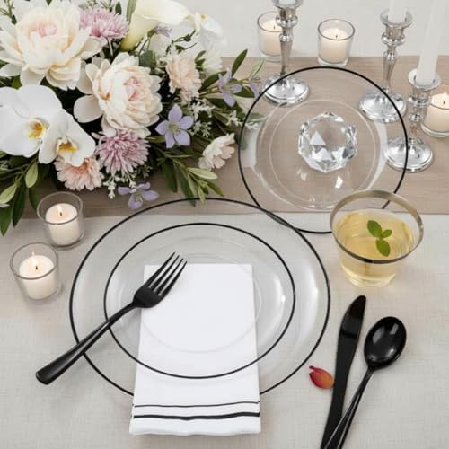 NOCCUR 350PCS Clear and Black Plastic Plates - Disposable Dinnerware Set for 50 Guests Include 100 Dinner/Dessert Plates,150 Black Cutlery,50 Cups&50 Napkins Ideal for Party/Birthday/New Year - Image 6