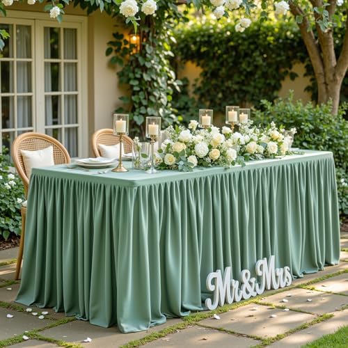 Wish Care Sage Green Polyester Table Clothes for 8 Foot Rectangle Tables, Wrinkle Free Fitted Table Cover with Pleated Ruffle Table Skirt for Birthday Party Wedding Trade Show Event Display - Image 4