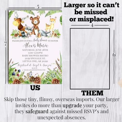Amanda Creation Custom Baby Shower Invitations, 20 Personalized 5x7 Woodland Baby Shower Invites with White Envelopes, Customizable Forest Animal Design - Image 7