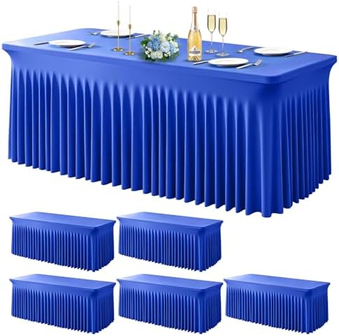 Wish Care 6 Pack Royal Blue Spandex Table Clothes for 6 Foot Rectangle Tables, 6FT Wrinkle Free Fitted Tablecloths Ruffles Design Table Cloth for Party, Banquet, Wedding and Events by WishCare