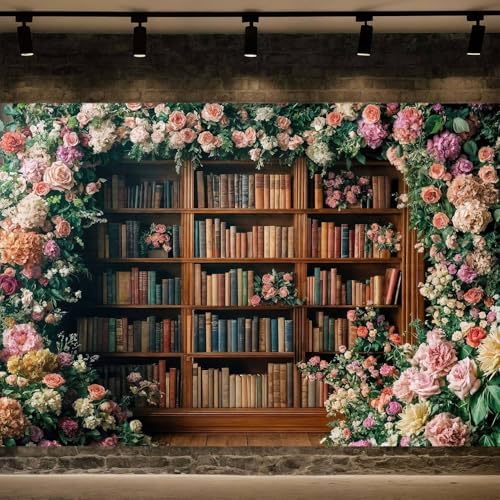12X10FT Bookshelf Flower Photography Backdrop Vintage Bookcase Magic Books Ancient Library Wall Background Flower Girl Kids Birthday Party Decorations Kindergarten Graduation Banner Photo Booth Props - Image 2