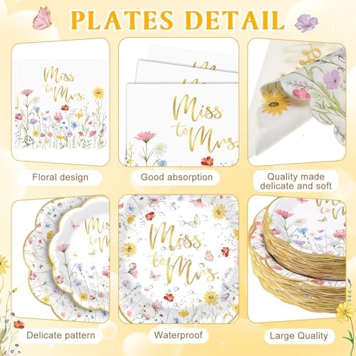 Funnymoom 400 Pcs Wildflower Bridal Shower Party Supplies for 50 Guests Floral Miss to Mrs Paper Plates and Napkins Knives Spoon Fork Cup Disposable Dinner for Women Wedding Engagement Party Favor - Image 3