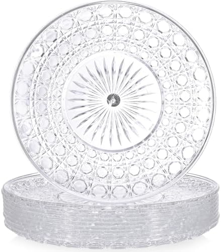10 Pcs Round Plastic Serving Platters Bulk Clear Plastic Tray Acrylic Crystal Flan Plates Diamond Embossed Dinnerware for Party Food Cake Cookie Fruits Birthday Wedding Supplies(13.8 Inch) by Acellegic