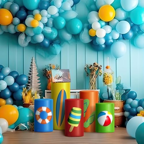 HunnmingRe 5 Pcs Summer Cylinder Pedestal Stand Covers Flexible Cylinder Stand Covers for Beach Tropical Party Backdrop Baby Shower Birthday Wedding Dessert Tables Decor Party Display Decor - Image 2