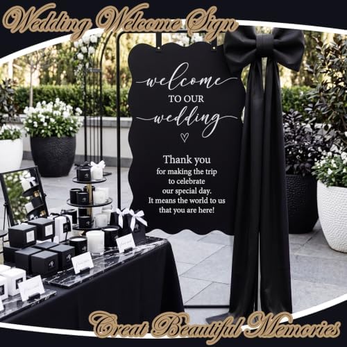 LEIFIDE Wedding Welcome Sign Stand with Giant Bow Adjustable Wedding Sign Holder with 2 Leather Hanging Straps Seating Chart Easel for Birthday Bridal Shower Home Party Decor (Black,Simple) - Image 4