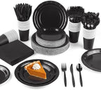 Kochorie 350 Pieces Black Dinnerware Set, 7 & 9 inch Dessert Paper Plates Cups Napkins Plastic Cutlery Disposable Party Supplies for Birthday Baby Shower Wedding, Serve 50 Guests by Kochorie