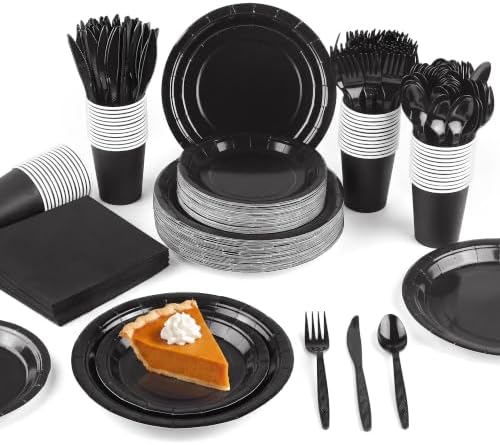 Kochorie 350 Pieces Black Dinnerware Set, 7 & 9 inch Dessert Paper Plates Cups Napkins Plastic Cutlery Disposable Party Supplies for Birthday Baby Shower Wedding, Serve 50 Guests by Kochorie