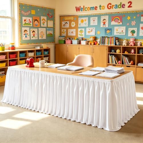 14ft Length Satin White Table Skirt Rectangle Tables Wrinkle Resistant Ruffle Table Skirting Glitter Teacher Desk Cover Skirt for School Classroom Dorm Wedding Birthday Party Trade Show Decorations - Image 2