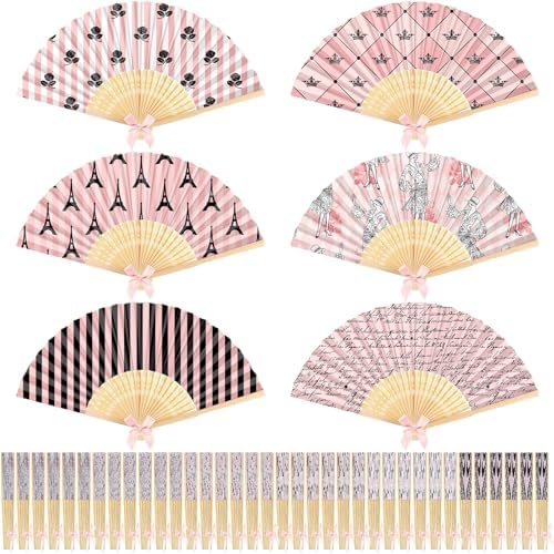 Roowest 36 Pcs Paris Themed Party Favor Folding Hand Fan Bulk Pink Stripes Eiffel Tower Paper Bamboo Handheld Fan with Bow French Pattern Folding Fans for Birthday Baby Shower Party Wedding Supplies by Roowest