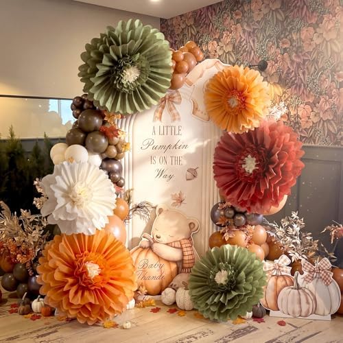 Giegxin 6 Pcs 31.5" 24" Giant Fall Paper Flowers Orange Sage Green Pom Poms - Image 6