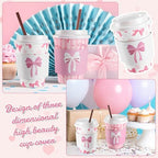 Jingmore 100 Set Pink Bow Coffee Cups with Lids, Straws and Sleeves Pink Bowknot Disposable Drinking Cup for Wedding Coquette Birthday Baby Shower Bachelorette Party Supplies (12 oz) - Image 5