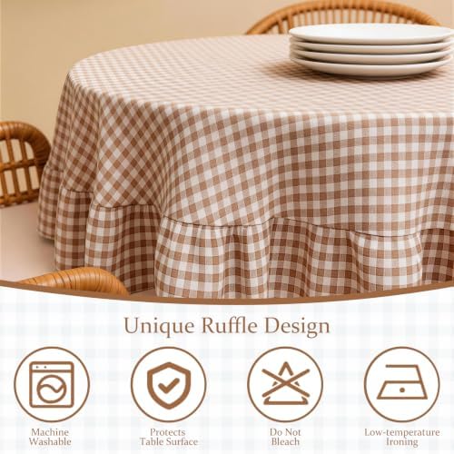 Khaki Plaid Ruffled Tablecloth 70" Round Farmhouse Checkered Gingham Table Cloth for Seat 4-6 Vintage Buffalo Plaid Decorative Table Cover for Picnic Dining Outdoor Kitchen - Image 6