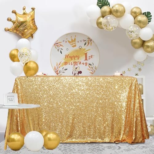 SquarePie Sequin Tablecloth 90x132 Inch Gold for Wedding Party by SquarePie