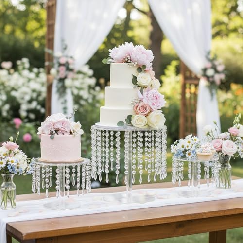 Acrylic Wedding Cake Stand Set - 3 Pcs Clear Round Cupcake Stands Dessert Display with Crystal Bling Pendants, for Wedding Event Birthday Party Baby Shower Tabletop Decorations Centerpieces - Image 7