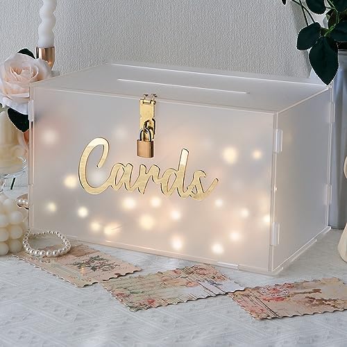 OurWarm Frosted Acrylic Wedding Card Box with String Light, Large Gift Card Box Holder for Wedding Reception, Honeymoon Fund Envelope Money Boxes for Party Graduation Baby Shower Birthday Decorations by OurWarm