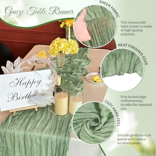 Sage Green Boho Cheesecloth Table Runner 12 Pack 17x108 Inch Sheer Gauze - Image 3