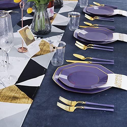 KIRE 140Pcs Purple Plates with Gold Rim - Plastic Plates for Party - Image 6