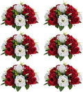 NUPTIO Artificial Flower Centrepieces for Tables - 6 Pcs Crimson & White Fake Flowers Roses Balls 9.5in Diameter - Silk Faux Rose Arrangement for Wedding Party Centerpiece Table Decorations by Nuptio
