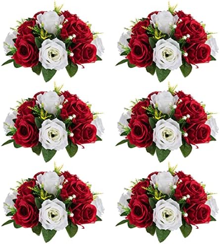 NUPTIO Artificial Flower Centrepieces for Tables - 6 Pcs Crimson & White Fake Flowers Roses Balls 9.5in Diameter - Silk Faux Rose Arrangement for Wedding Party Centerpiece Table Decorations by Nuptio
