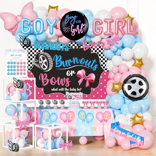 Hombae Burnouts or Bows Gender Reveal Decorations Kit - 171 Pcs Boy or Girl Gender Reveal Party Supplies with Backdrop, Balloons & Confetti for Baby Shower by Hombae