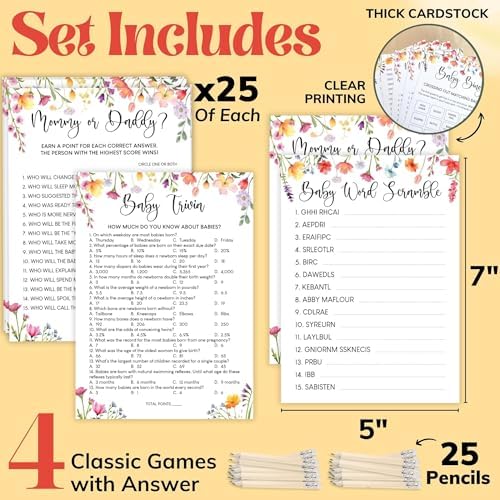 WOODAMORE Funny Baby Shower Games for Girl - Floral Baby Shower Bingo Cards for 25 Guests, Word Scramble Trivia Mommy Or Daddy Game, Wildflower Baby Shower Decorations Ideas (Pack of 2) - Image 2