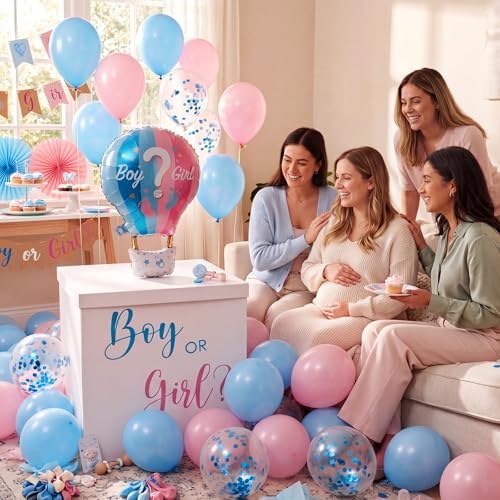28in Extra Large Gender Reveal Gift Box with Big Hot Air Foil Balloon and 12in Pink Blue Balloon Set Jumbo Giant Gift Box Decoration Kit with Boy or Girl Theme Stickers - Image 6
