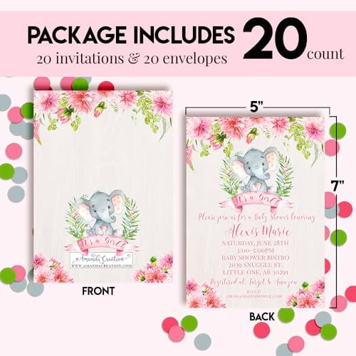Custom Baby Shower Invites Pink Dahlia Flowers Elephant Invitation 20 5x7 Personalized Watercolor Dahlia Elephant Invites With Envelopes - Unique Girl Watercolor Dahlia Elephant Baby Shower Cards - Image 4