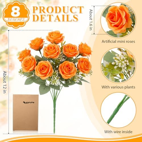 Zeyune 8 Pack 12 Inch Artificial Rose Bouquet, Orange - Image 2