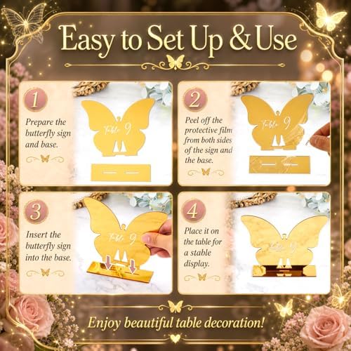 Lewtemi 15 Pcs Butterfly Gold Wedding Table Numbers 1-15 with Stands, Double Sided Mirror 4x5 Inch Acrylic Butterfly Signs Numbers for Reception, Wedding, Party, Anniversary, Events Table Decor - Image 3