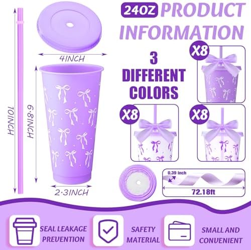 Skylety 24 Pcs Purple Bow Plastic Cups with Lid Straw and Ribbon - Image 2