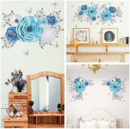 3D Blue Roses Artificial Flowers, Large Paper Flowers Decorations for Wall with Butterfly Stickers, Fake Flower Wall Decor for Baby Boy Nursery Room, Wedding Centerpiece, Party Backdrop - Image 4