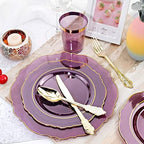 KIRE 210Pcs Purple Plastic Plates with Gold Rim& Silverware &Cups&Hand Napkin - Baroque Clear Plastic Dinnerware for Upscale Wedding/Parties Plates - Image 3