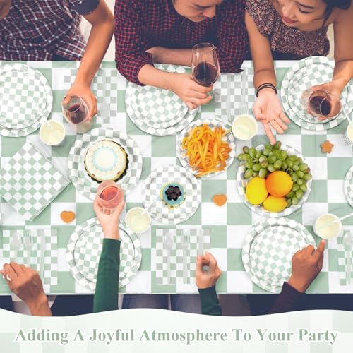 Funnymoom 452 Pcs Sage Green Gingham Party Supplies for 50, Light Green and White Checkered Gingham Paper Plates Napkins Cups Tablecloth Cutlery Straw for Picnic Birthday Baby Shower Decoration - Image 5